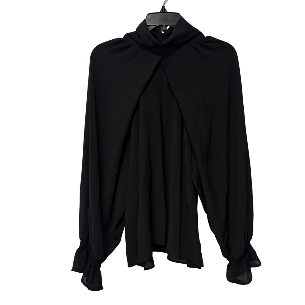 Zara Blouse Womens L Black High Neck Draped Front Smocked Ruffle Cuff